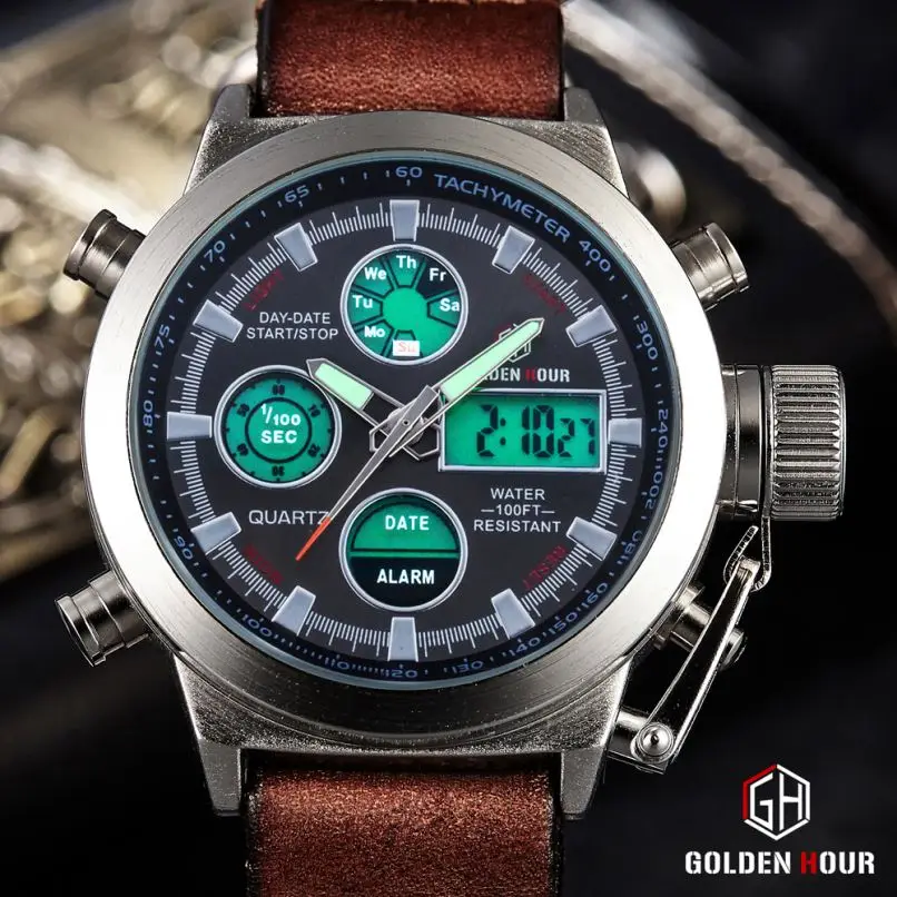 GOLDEN HOUR  GH-107  hot sell black mens digital watch original PU leather band 3 dials Chronograph Luminous sports wristwatch