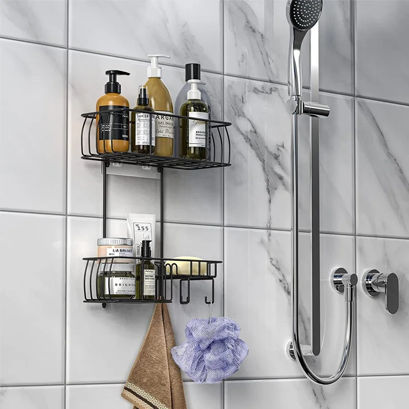 2 tier Stainless Steel Bathroom Shower Shelf hanging Storage Rack Over The Door shower caddy With Hooks