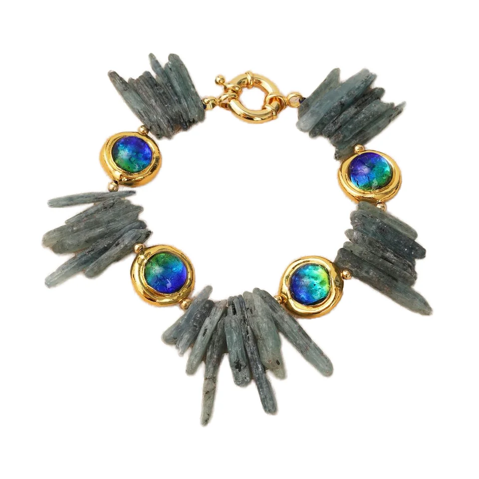 Vintage Natural Stone Bracelet with Blue Kyanite and Gold Plated Glass Beads Brass Material Filigree Setting for Parties