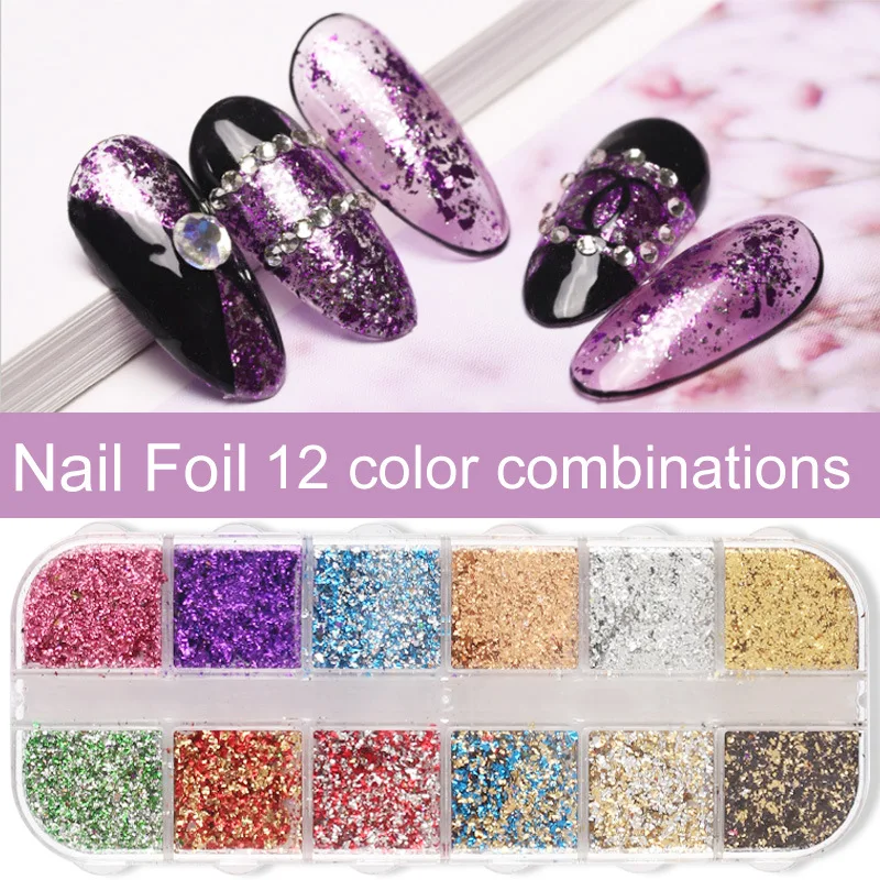 12 Grids Holographic Aluminum Nail Foil Flakes Stickers Nail Sequins 3d Glitter Decoration Foil Nail Art