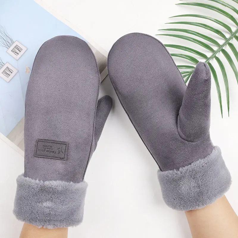 Wholesale Winter Cute Thick Plush Warm Suede Leather Mittens Gloves For Lady Girl With Lanyard