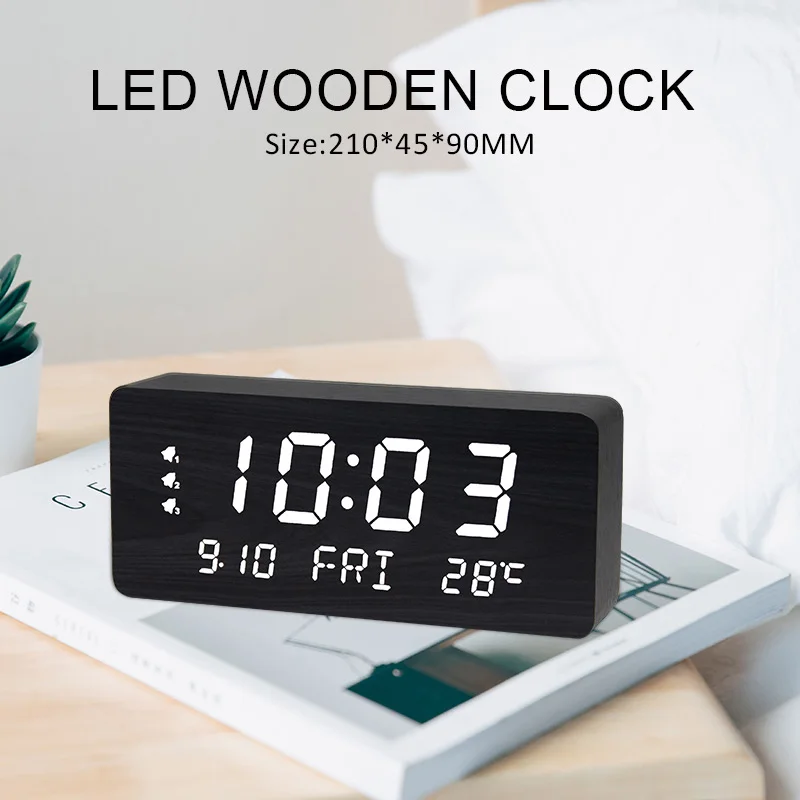 Minimalist Digital LED Alarm Clock Wooden Table Clock for Home Decor Office Use Displays Time Day Calendar Temperature