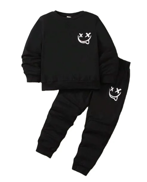 wholesales Black color custom logo tracksuit for kids hot selling kids face printing kids sweat suits