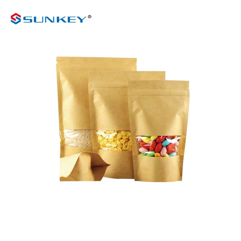 Heat Sealed Transparent Kraft Paper Food Zipper Packaging Snack Stand Up Bags With Window