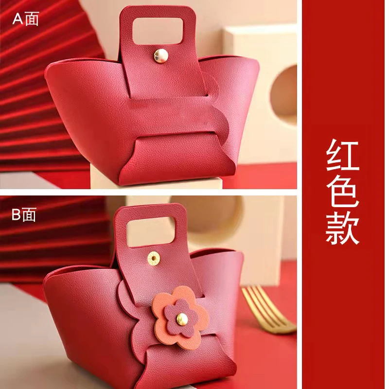 Nordic style wedding candy box Leather wedding gift box packaging creative candy bag handbag with coloured ribbon for Wedding