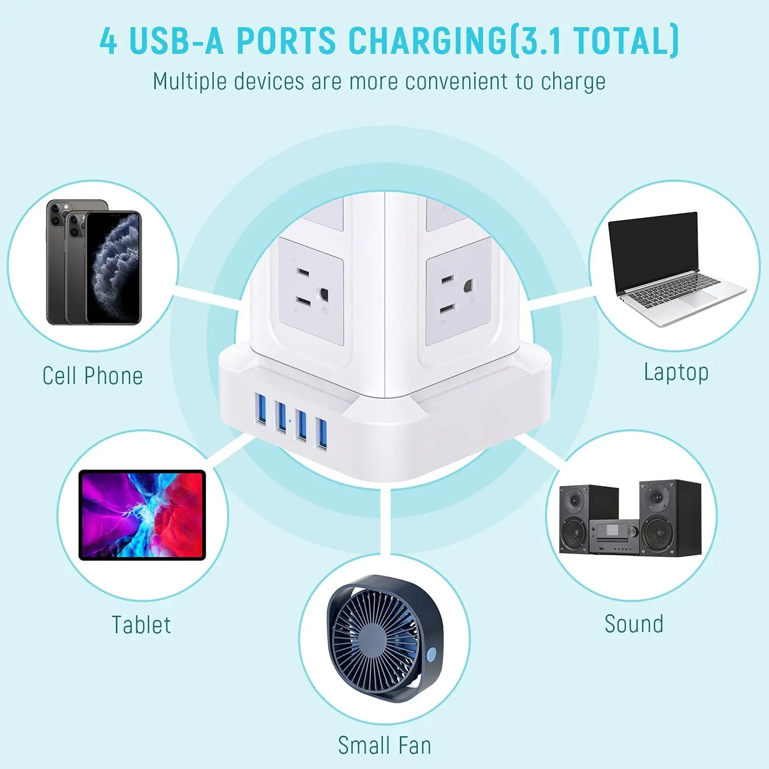 Vertical Smart Tower Mains Power Strip Extension Socket 4 USB Port Adapter Multifunction Electrical With Switch