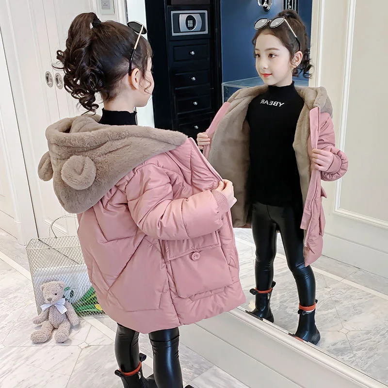 Winter Fashion Solid Color Casual Style Padded Thick Fleeced Animal Coat Warm Outerwear Jacket for Babies Girls