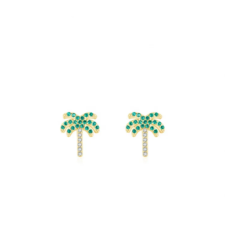 coconut tree designer 14 k gold girls cute earring cubic zirconia dainty summer sterling silver hypoallergenic small earrings