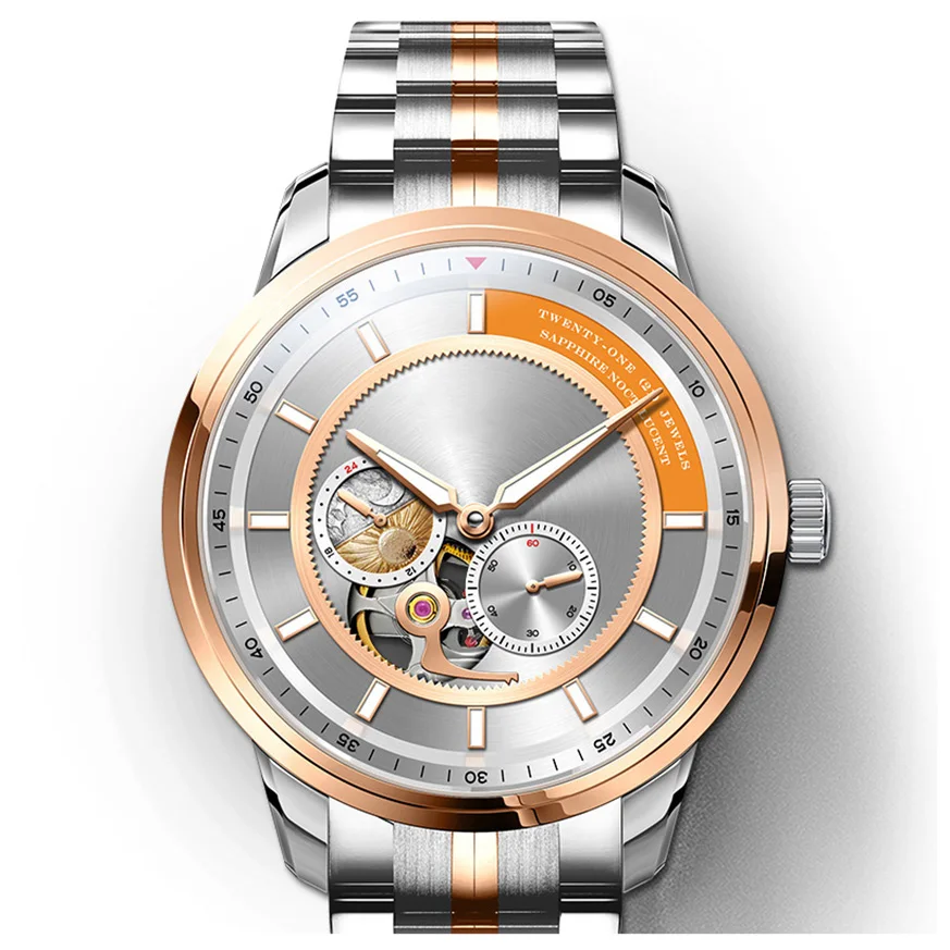 Luxury stainless steel case skeleton flywheel 24 hour show waterproof men automatic mechanical watch