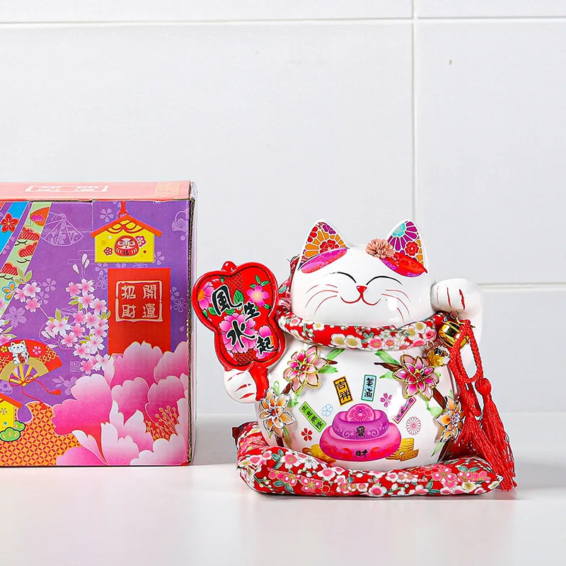 9 Inch Japanese Maneki Neko Lucky Cat Ceramic Statues with Cushion and Bells,Ceramic Fortune Cat Piggy Bank Money Bank for Kids
