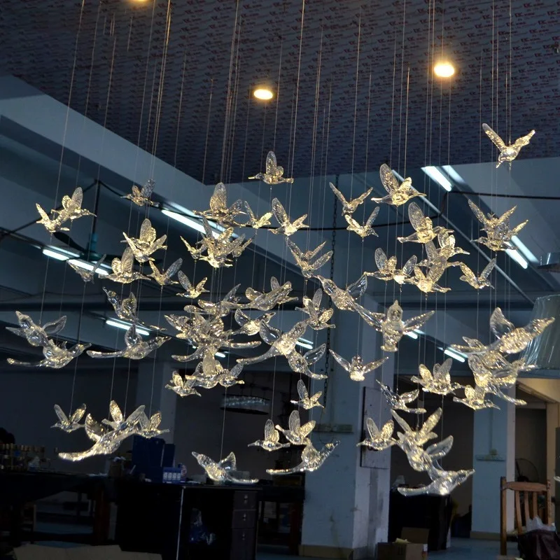 Wedding Hotel Lobby Stairs Bird Glass Ceiling Hanging Lamp Indoor Decorative Chandelier Pendant Light