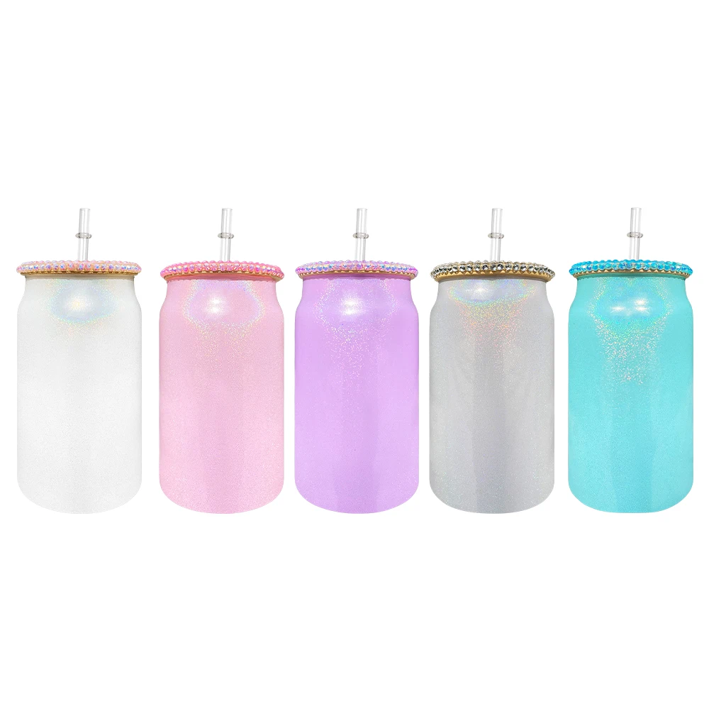 Wholesale Bulk 15oz 16oz bling lid sublimation shimmer glass can with bling lids and straws for Sublimation Heat Transfer