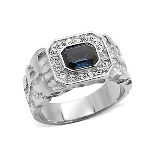 Luxury Mens 1.5 Carat Emerald cut Simulated Sapphire CZ Stainless Steel Hypoallergenic Tarnish Free rings for men