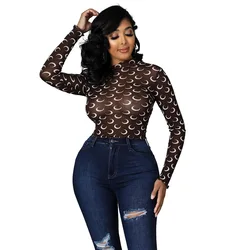 KX-OS6565  Latest arrival ruffled collar ladies crop tops long sleeve fashion print sexy mesh woman tops