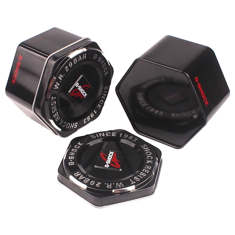 Factory Supply Branded Black Hexagon Fossil Watch Tin Box With Cover