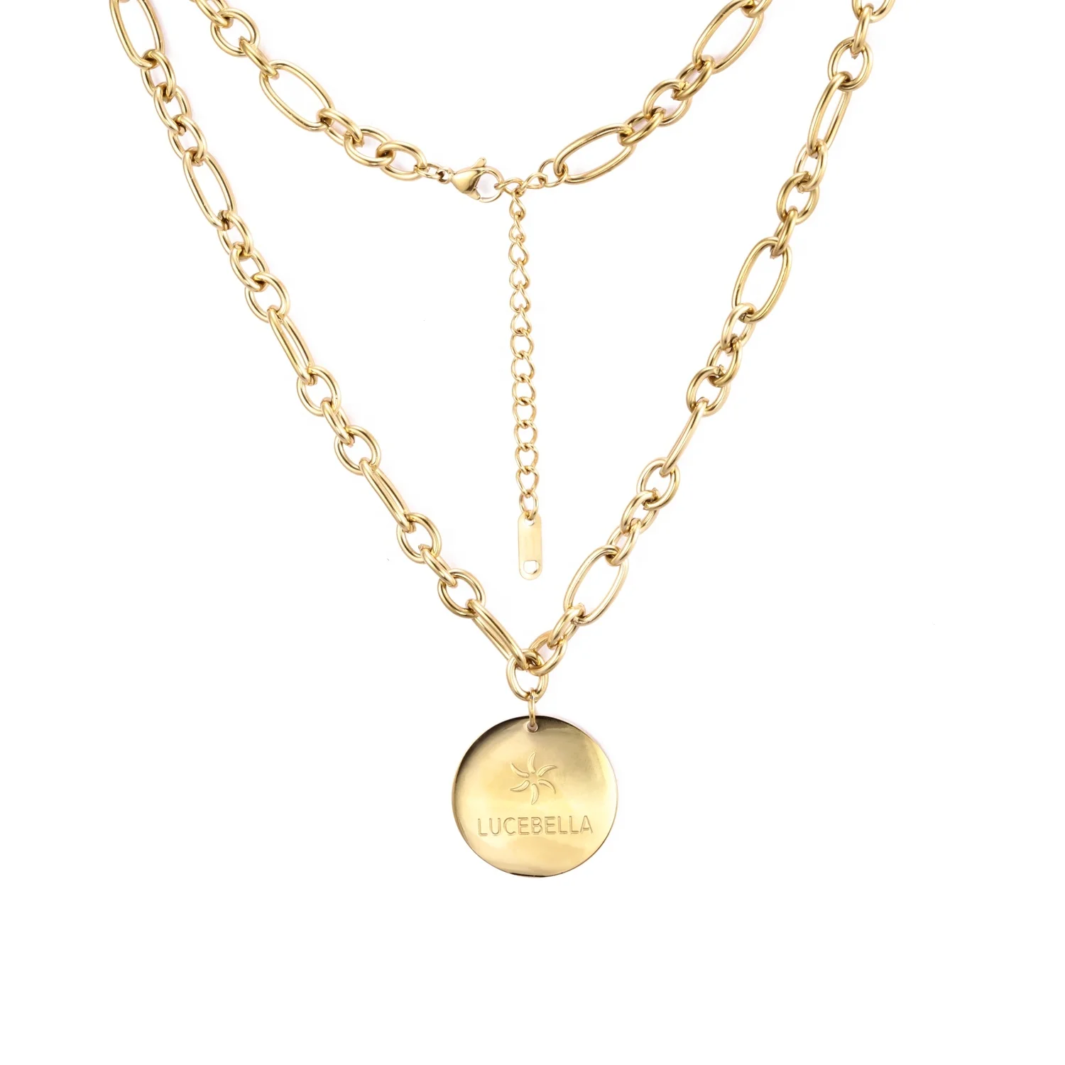 Wholesale 18k gold plated fashion jewelry stainless steel thin cuban curb chain coin round pendant necklaces for men and women