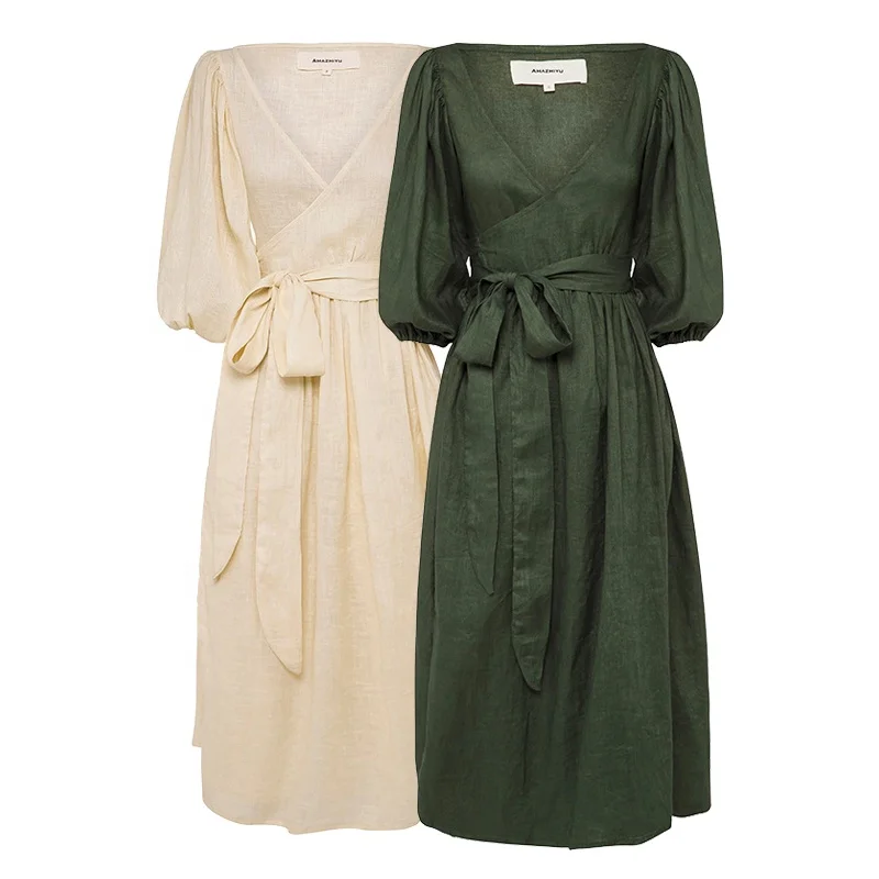 Fashion Casual High Quality Vacation Solid Vintage Dress Custom V-neck Short Sleeve Soft Solid Tunic Linen Dresses For Women
