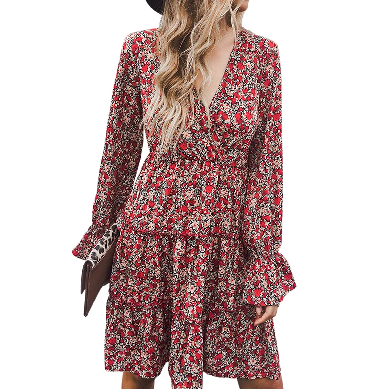 PRETTY STEPS 2022 PS216WD-JK8838 Women V-neck Red Floral Print Ruffle Long Sleeve Midi A-line Casual Dress