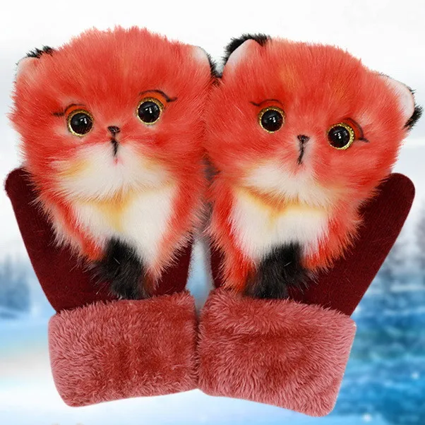 Unisex Adult Winter Fashion Printing cartoon animals Warm Knitted mitten Outdoor Cycling mitten give away hat