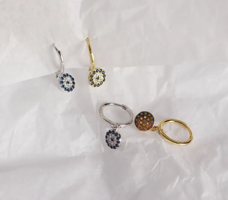 Trendy 925 Sterlings Silver Small Hoops Mini Paved Coin Disc Blue Crystal Stone Nickel Free Earrings