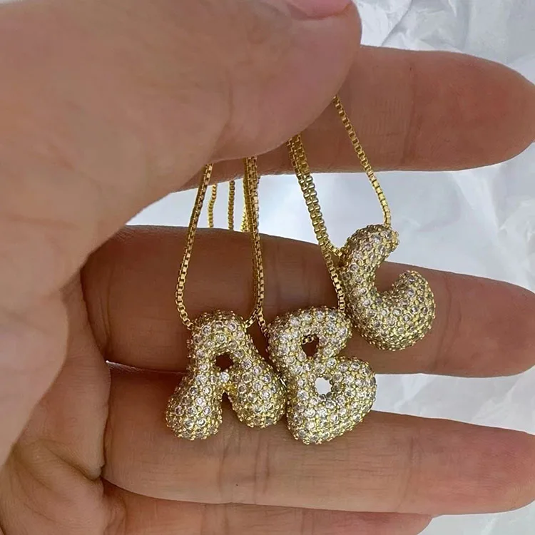 NZ1586 18K Gold Plated Relaxed Iced Out CZ Paved Studded Diamond Bubble Puffy Puff Letter Initial Charm Chain Necklace for Women
