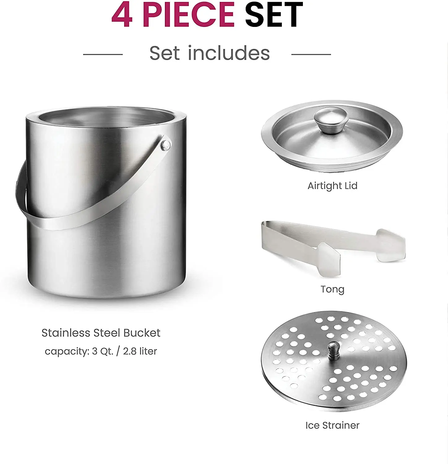 Double Wall Stainless Steel Insulated Ice Bucket With Lid and Ice Tongs 3 Liter Included Strainer Keeps Ice Cold  Dry