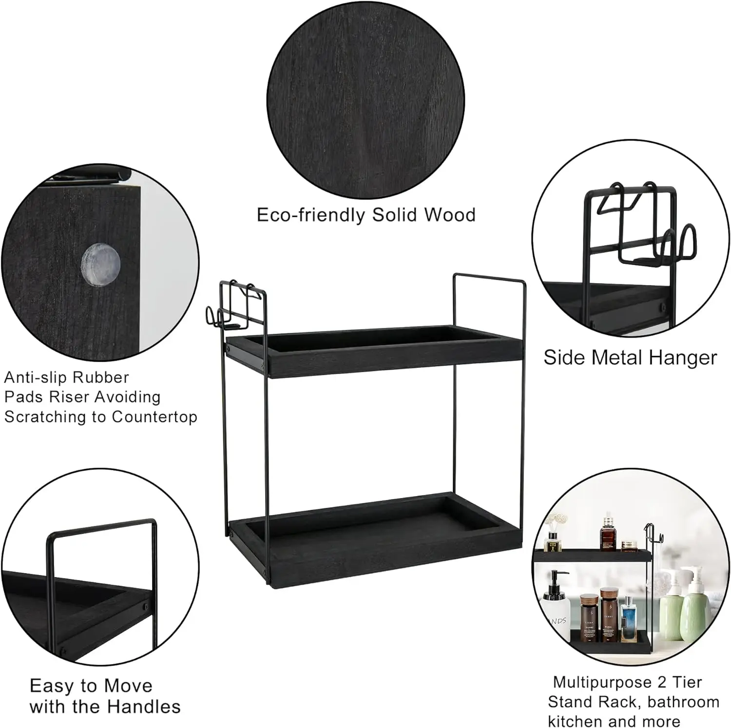 American Style 2-Tier Rustic Wooden Spice Rack Double Tray Kitchen Countertop Organizer Shelf Easy Standing Bathroom Use