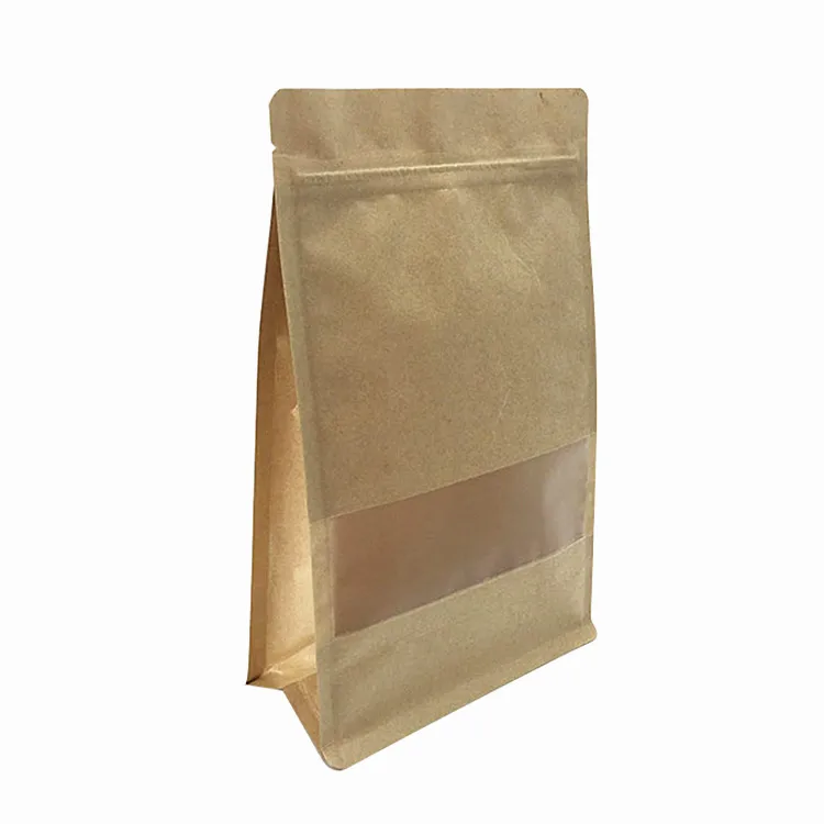 Recyclable flat bottom kraft paper bag food grade food storage 8 sided seal kraft zipper pouch with window
