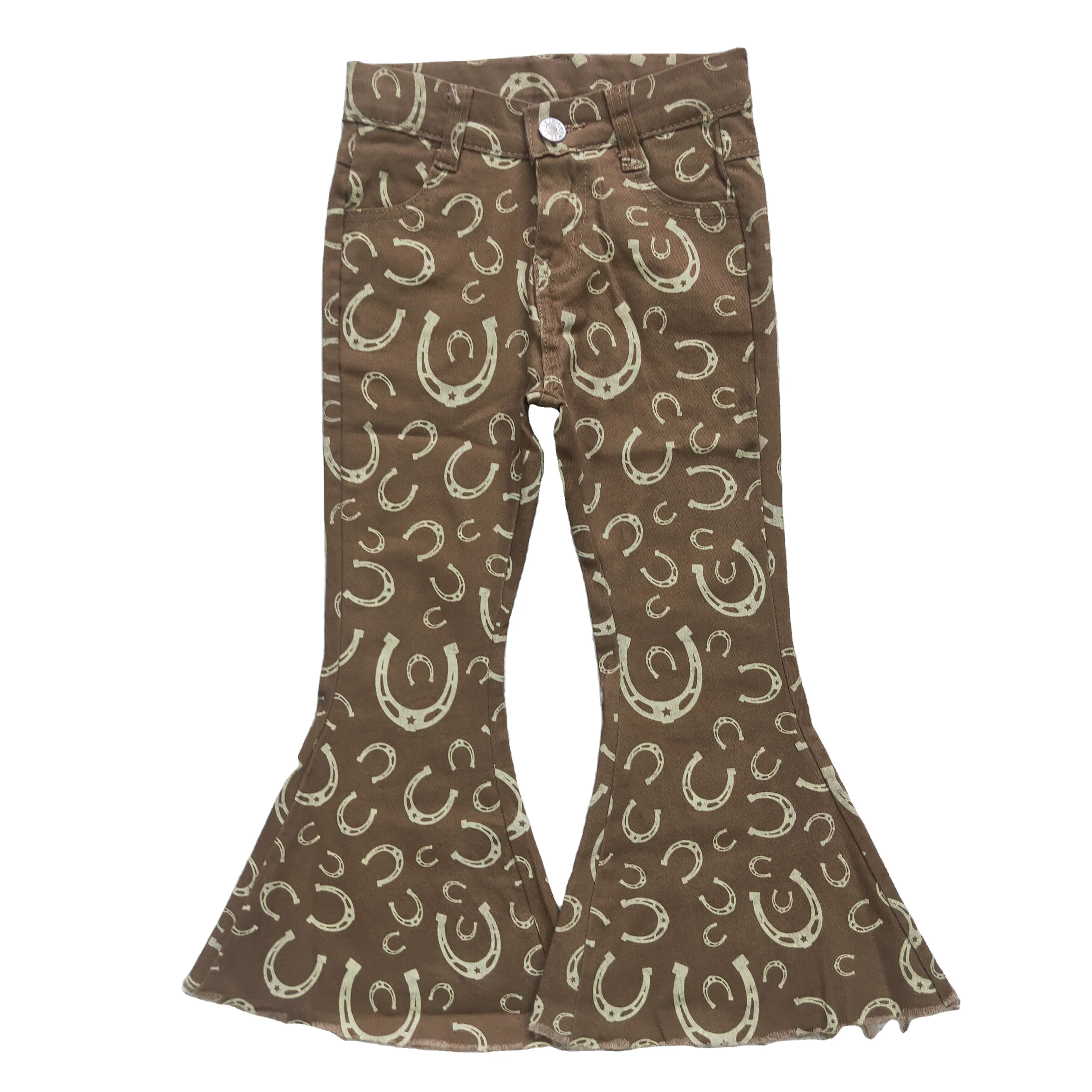 Wholesale Kids Infant Pocket Western Horse Shoe Brown Clothes Toddler Zipper Bell Pants Baby Girl Trousers Children Denim Jeans