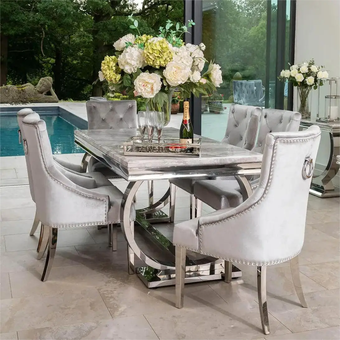 Modern Dining Room Furniture Stainless Steel Base Marble Top Round Dining Table Silver Chrome Restaurant Table For Home Hotel