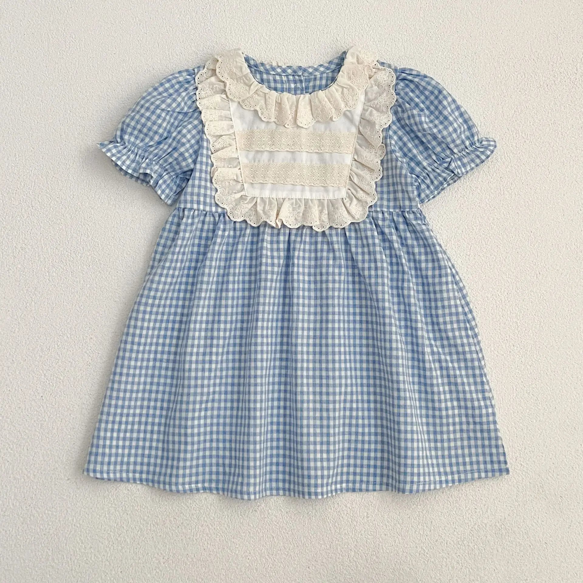 New Summer Baby Plaid Lace Girls Dress Sister Dress Baby Romper