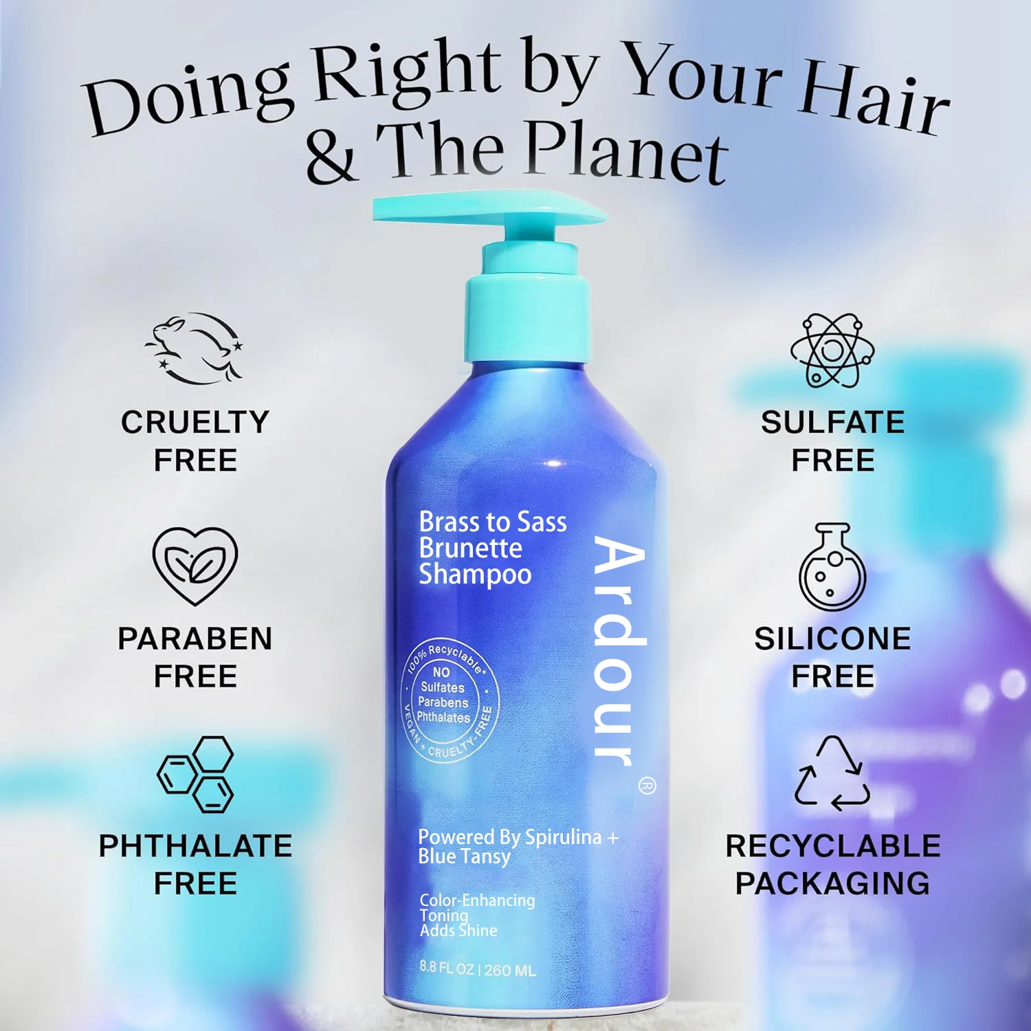 Brass to Sass Brunette Shampoo, Toning Blue Shampoo Brunettes Neutralizes Brassy Red and Orange Tones for Color Treated Hair