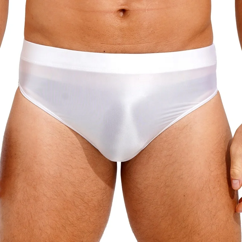 Mens Solid Color Elastic Waistband Underpants Swimsuit Bottom Swimwear Glossy High Waist Briefs  Underwear
