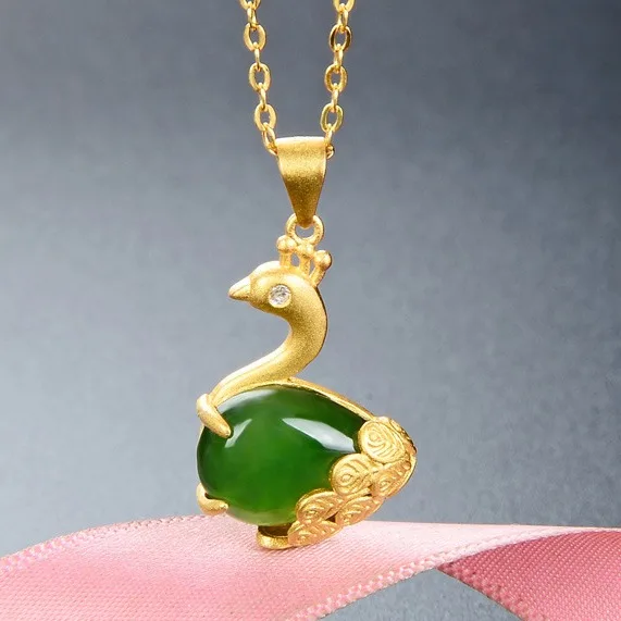 Wholesale Women Elegant S925 Sterling Silver Gold plating Peacock Charm Tian Biyu Necklace Crystal Tian Biyu Peacock Necklace