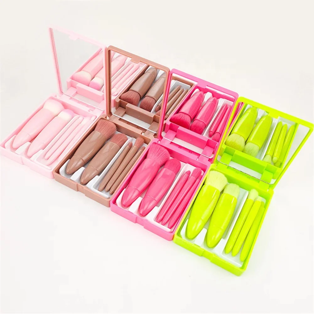 Wholesale Private Label Mirror Face Plastic Cheap Logo Portable 5pcs Small Synthetic Green Vegan Pink Travel Makeup Brush Set