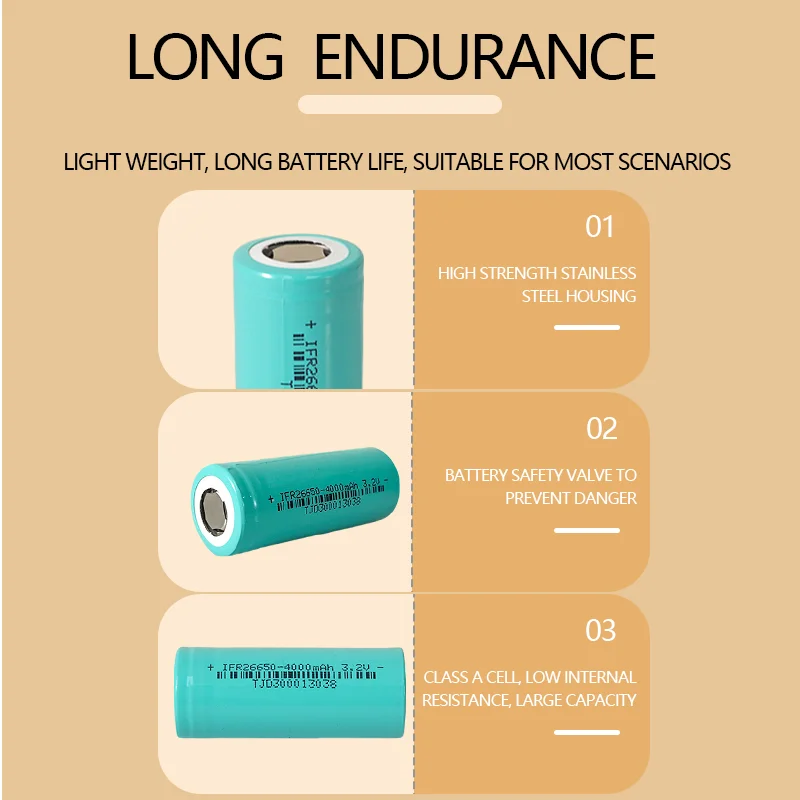 high capacity rechargeable 3.2V IFR26650 4000mAh lithium battery cylindrical LiFePO4