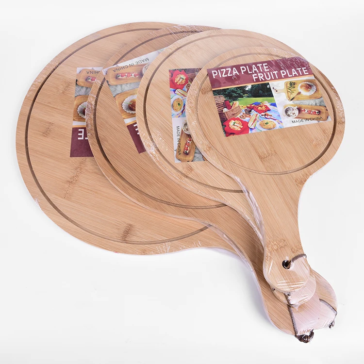 
Eco-Friendly Bamboo Round Pizza Steak Fruit Chopping Board Plate Multi-Use Cutting Board Steak Pizza Plate With Handle 