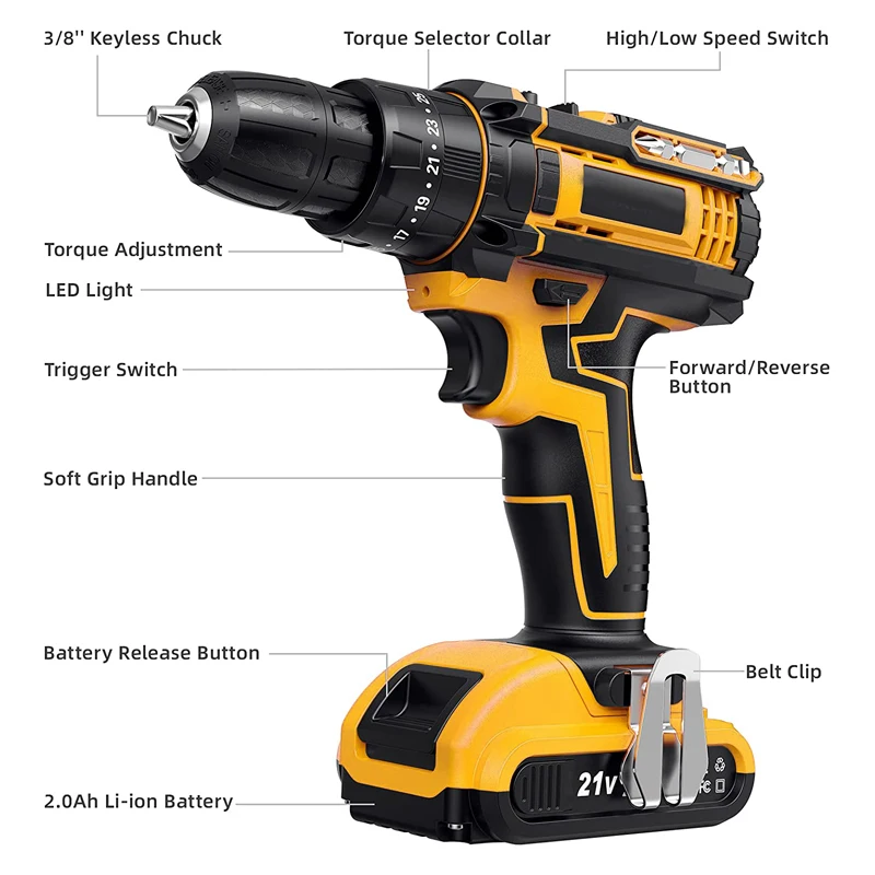 59pc 21V 2000mAh Cordless Power Drill Driver - 1500RPM 42Nm Torque. Includes Full Bit Set and 2 Batteries for DIY