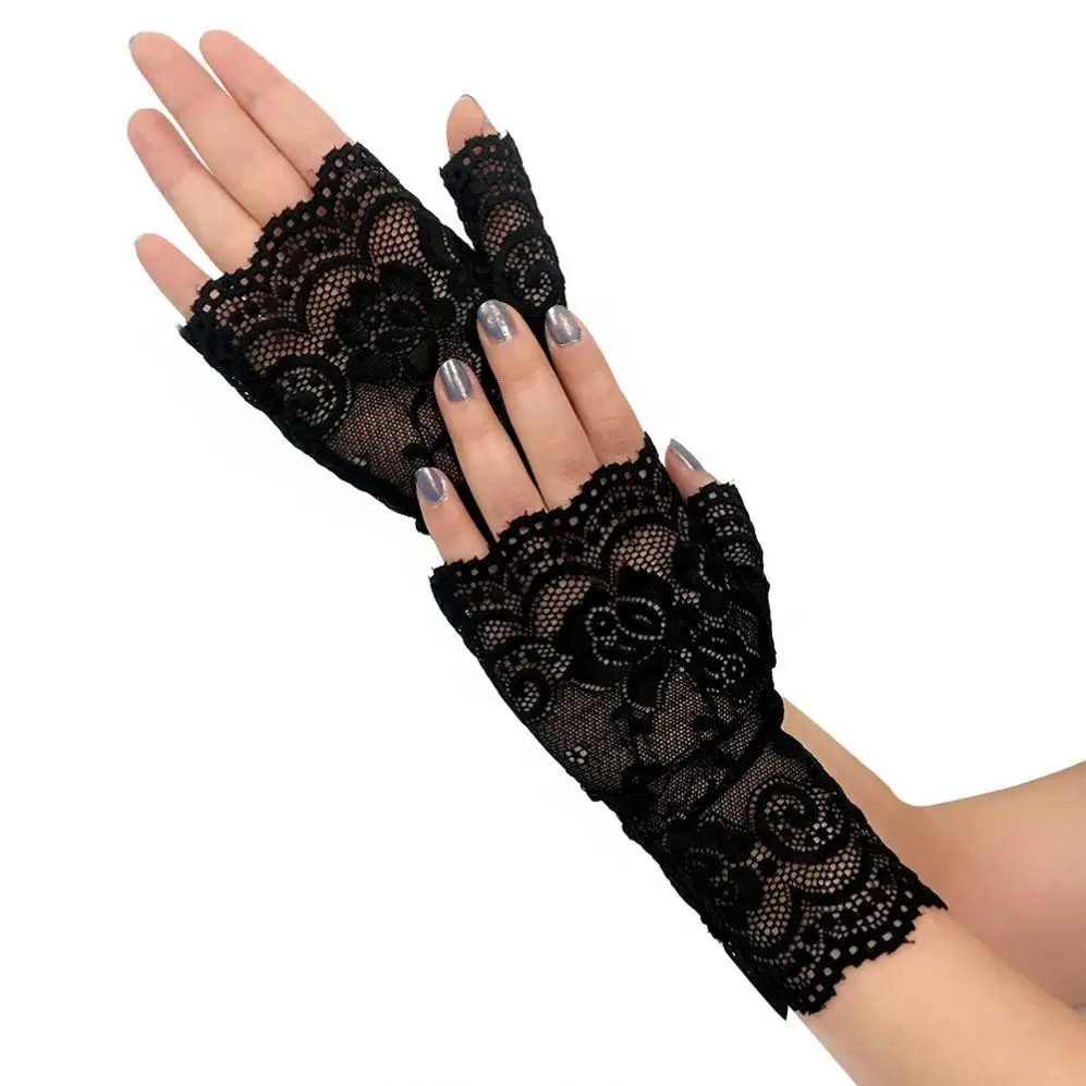 KKLP Sexy Lace Half Finger Gloves Women Summer Cycling Driving Sun UV Protection Black Gloves Bridal Fingerless Gloves Wedding