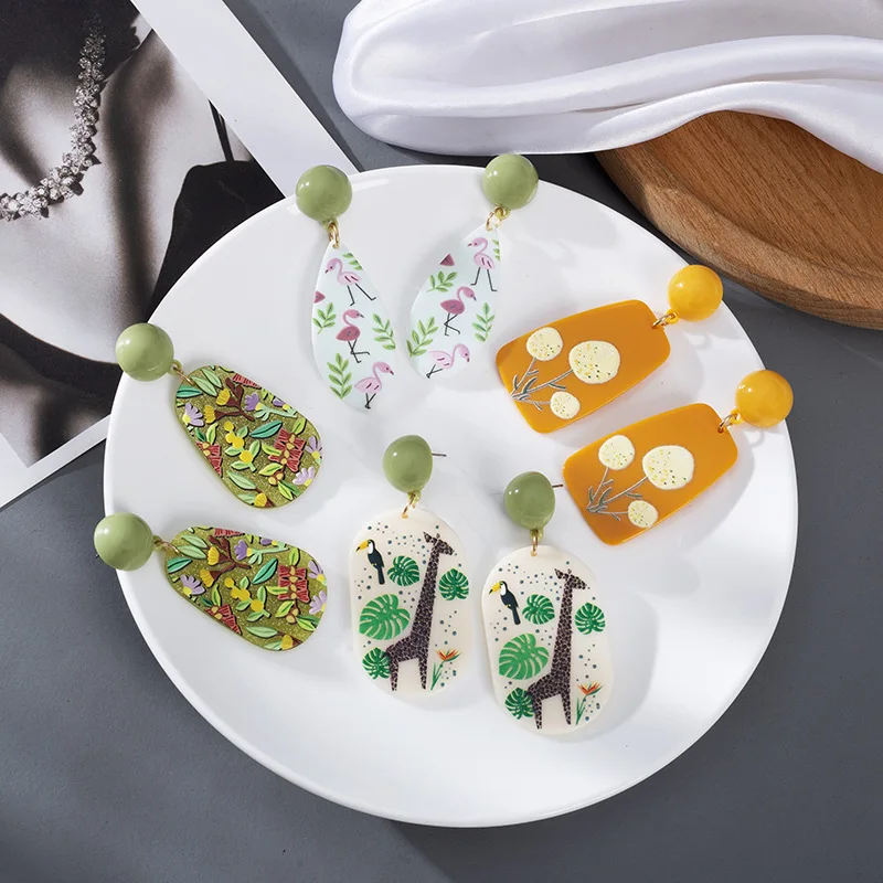 Acrylic Embossed Three-dimensional Printing Pop Element Pattern Flamingo Giraffe Green Leaf Pattern Earrings Women