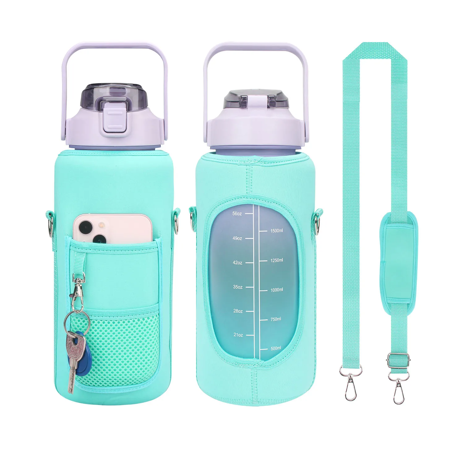 Half Gallon 64oz/2L Protective Water Bottle Carrier with Strap and Cellphone Holder Water Bottle Sleeve Cover