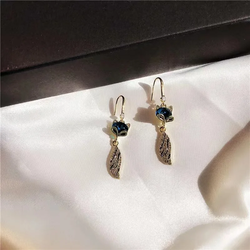 fairy ear hook blue rhinestone Fox long earrings elegant high-end versatile gentle earrings