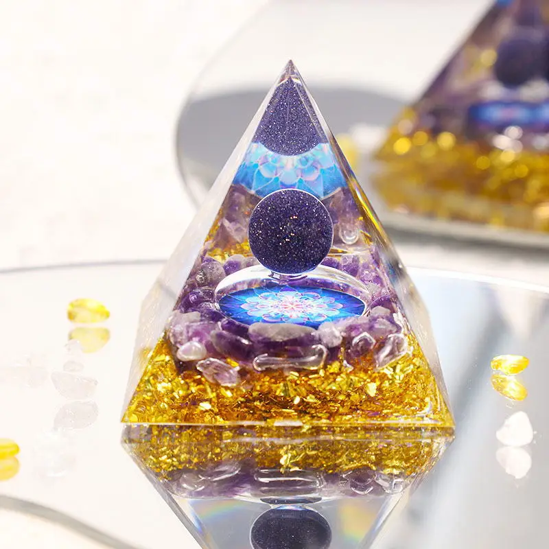Energy Pyramid Orgonite Reiki Natural Amethyst Ball Healing Crystals Chakra Tool Ornaments Resin Stones Craft Kids Gift Pyramid