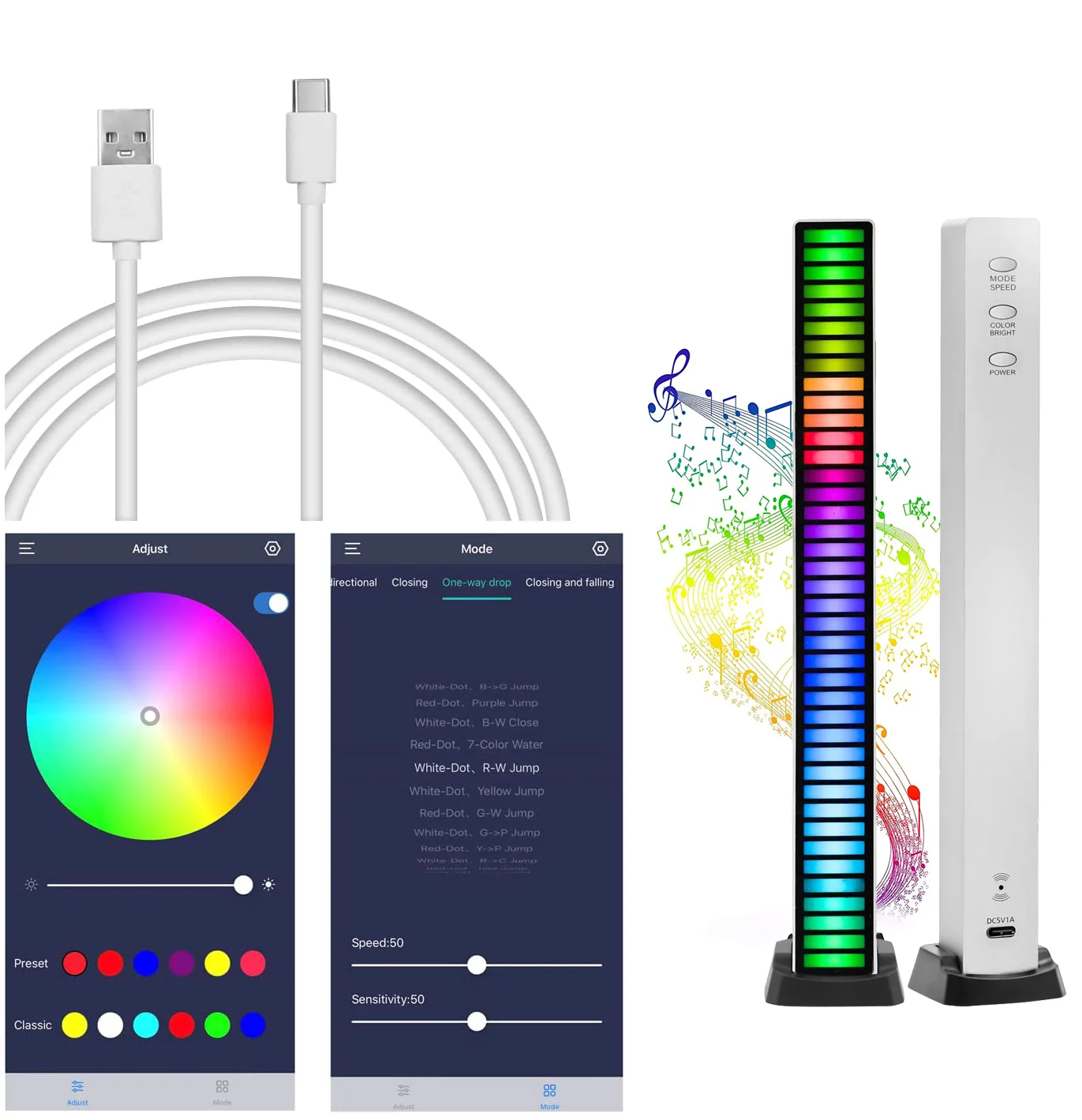 RGB Voice-Activated USB Rechargeable Car APP Sound Control Ambient Light 32 Bit Pickup Lamp Music Rhythm Gaming Table Light