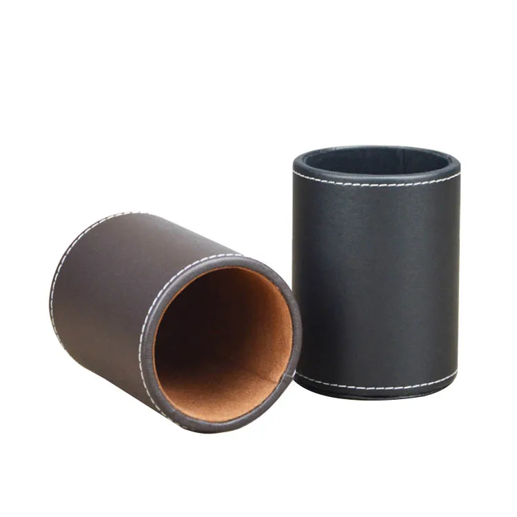 Promotion Kids Black Round Leather Multi-Function Desktop Stationery Organizer Pen Pencil Holder