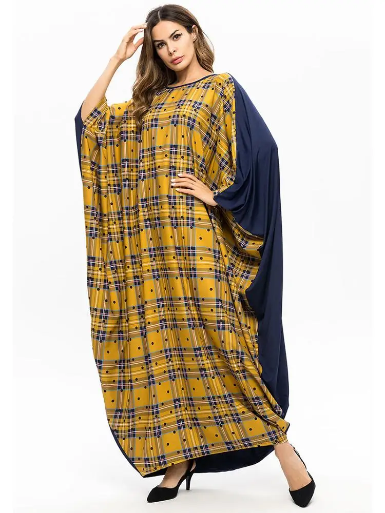 
AliExpress exclusively for Middle Eastern Muslim Bat Sleeve Loose Panel Plaid Robe Dress Muslim Dresses And Abaya For Woman 
