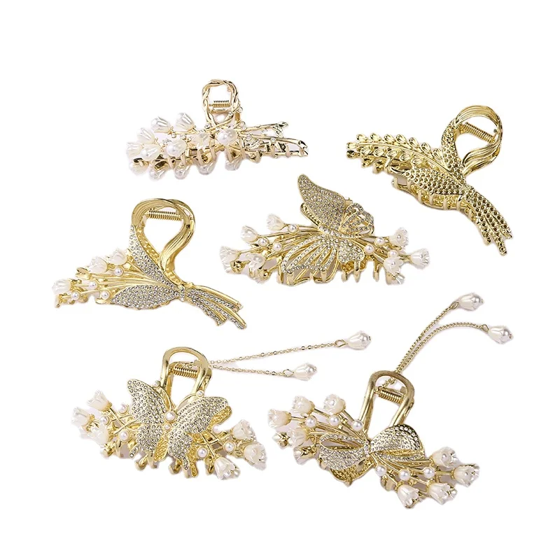 Women Alloy Flower Pearl Tassel Large Grip Fashion Rhinestone Butterfly Pearl Metal Ponytail Hair Claw Back Head Hair Shark Clip