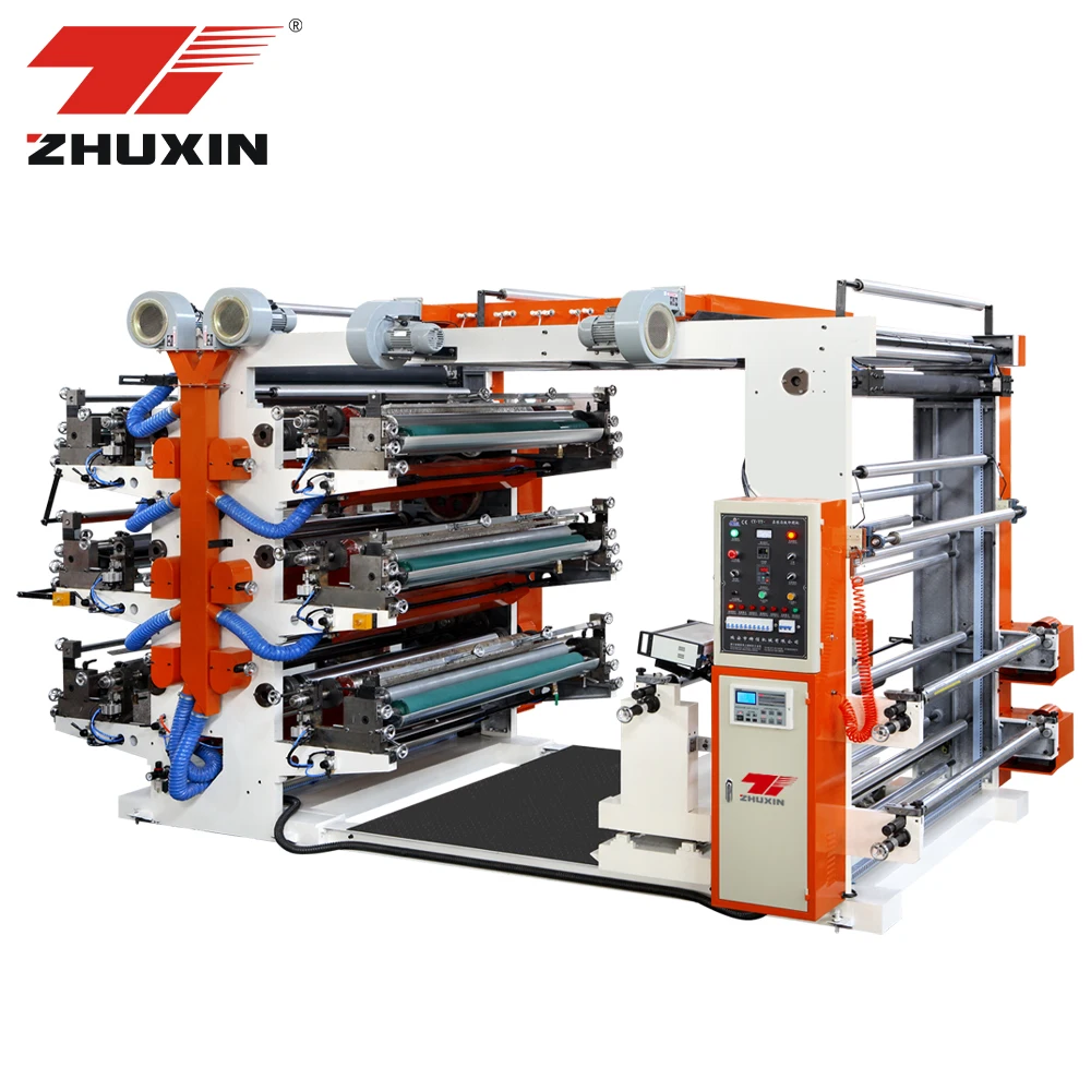 Zhuxin 6 Color Automatic 50m min Stack Type Reel to Reel Central Drum Paper Bag Flexo Printing Machine for Paper Plastic Film