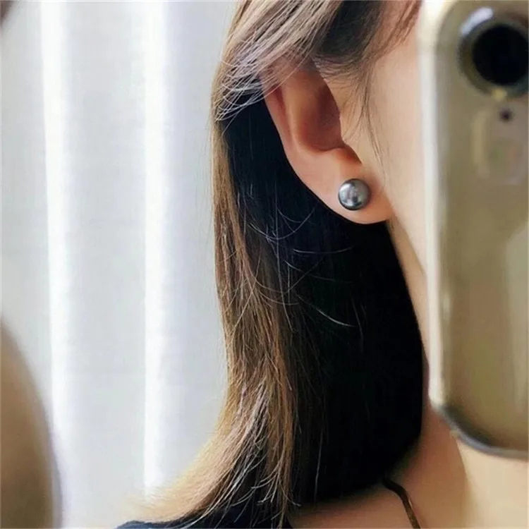 8-10mm AAA Grade 14K 18K White Yellow Gold Natural Real Genuine Black Seawater Tahitian Tahiti Pearl Stud Earrings