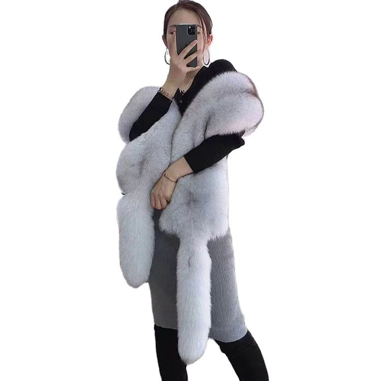 Длинный шарф из лисьего меха шаль роскошный меховой цельного боа с хвостами